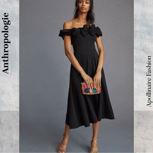 ANTHROPOLOGIE BY MAEVE OFF SHOULDER BOW MIDI DRESS IN BLACK SIZE 4 NEW - Picture 1 of 6